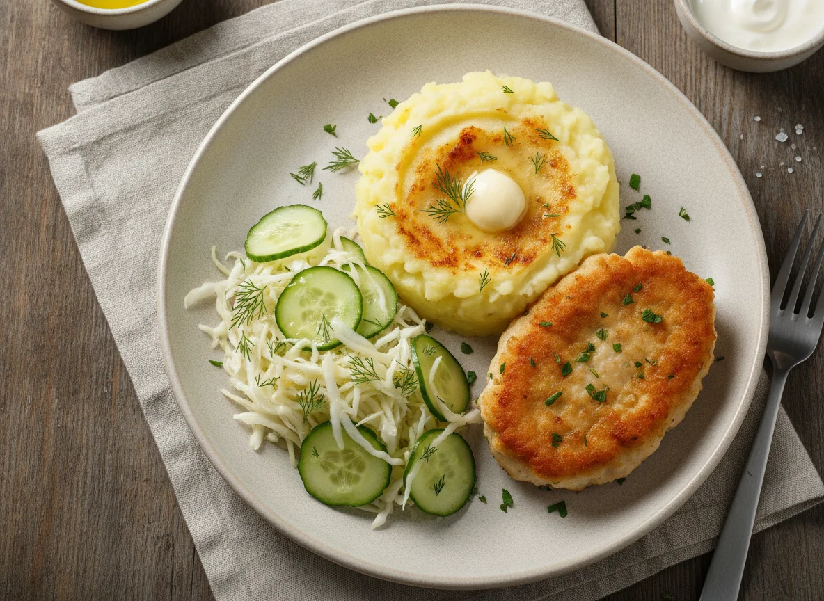 Картофельное пюре с куриной котлетой и овощным салатом photo