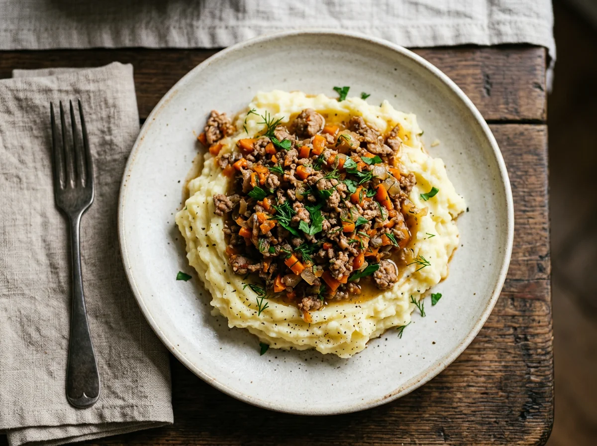 Картофельное пюре с мясным фаршем и овощами photo