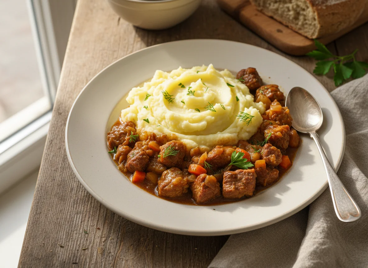 Картофельное пюре с мясным рагу photo