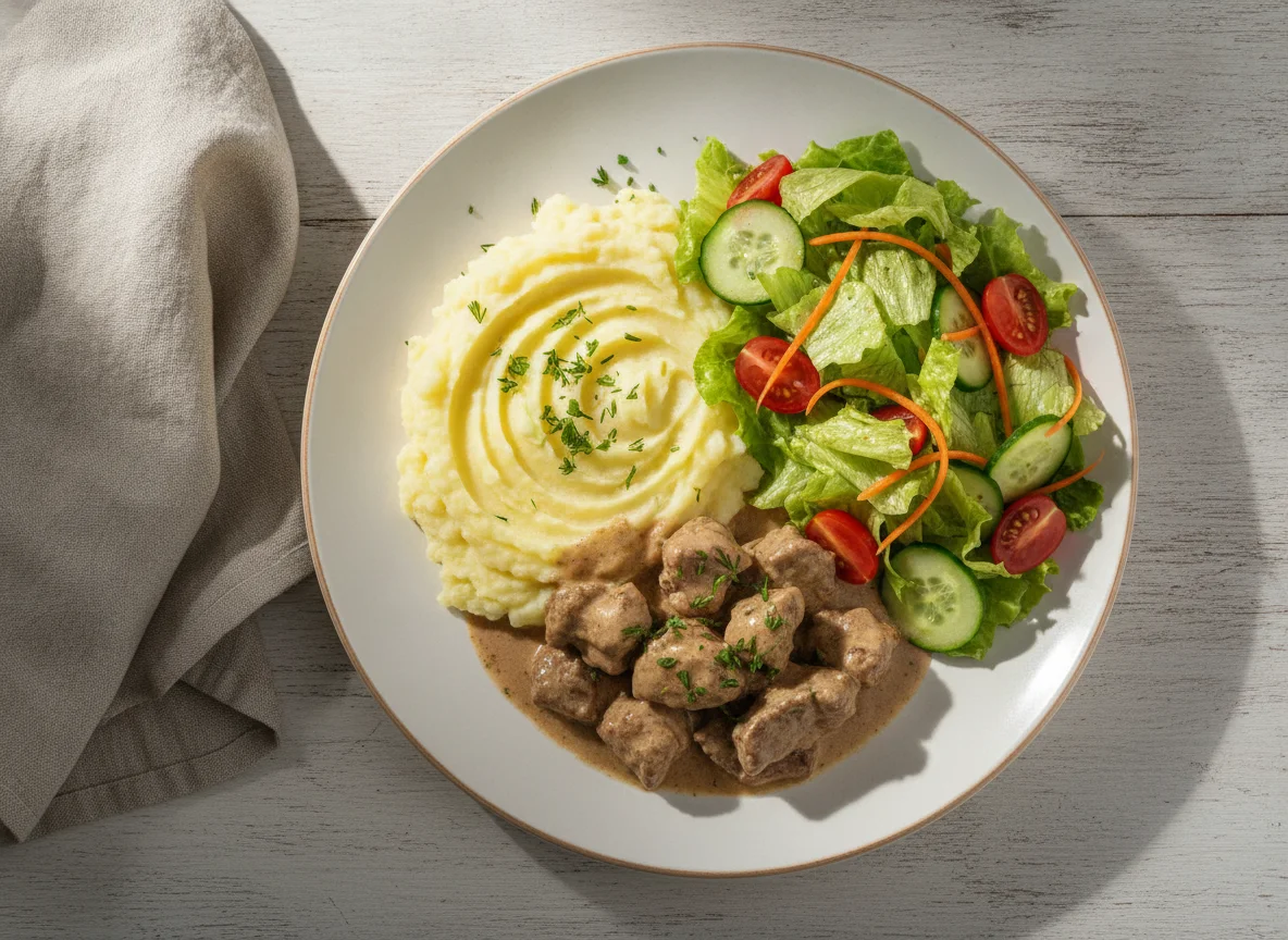 Картофельное пюре с мясом в соусе и овощным салатом photo