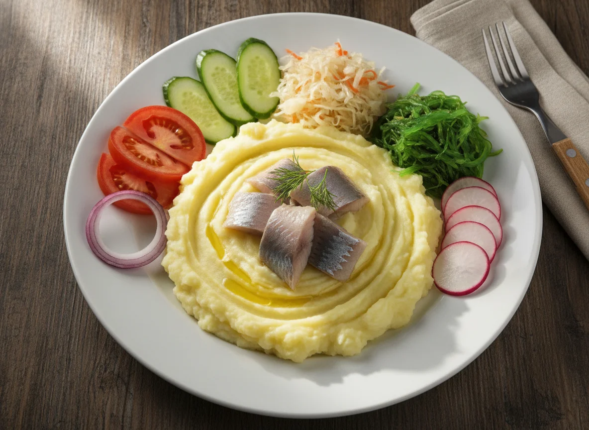 Картофельное пюре с сельдью и овощами photo