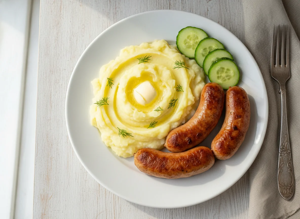 Картофельное пюре с сосисками и огурцом photo