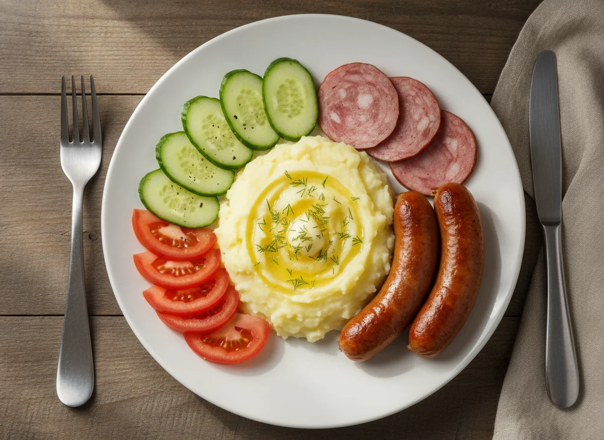 Картофельное пюре с сосисками и овощами photo