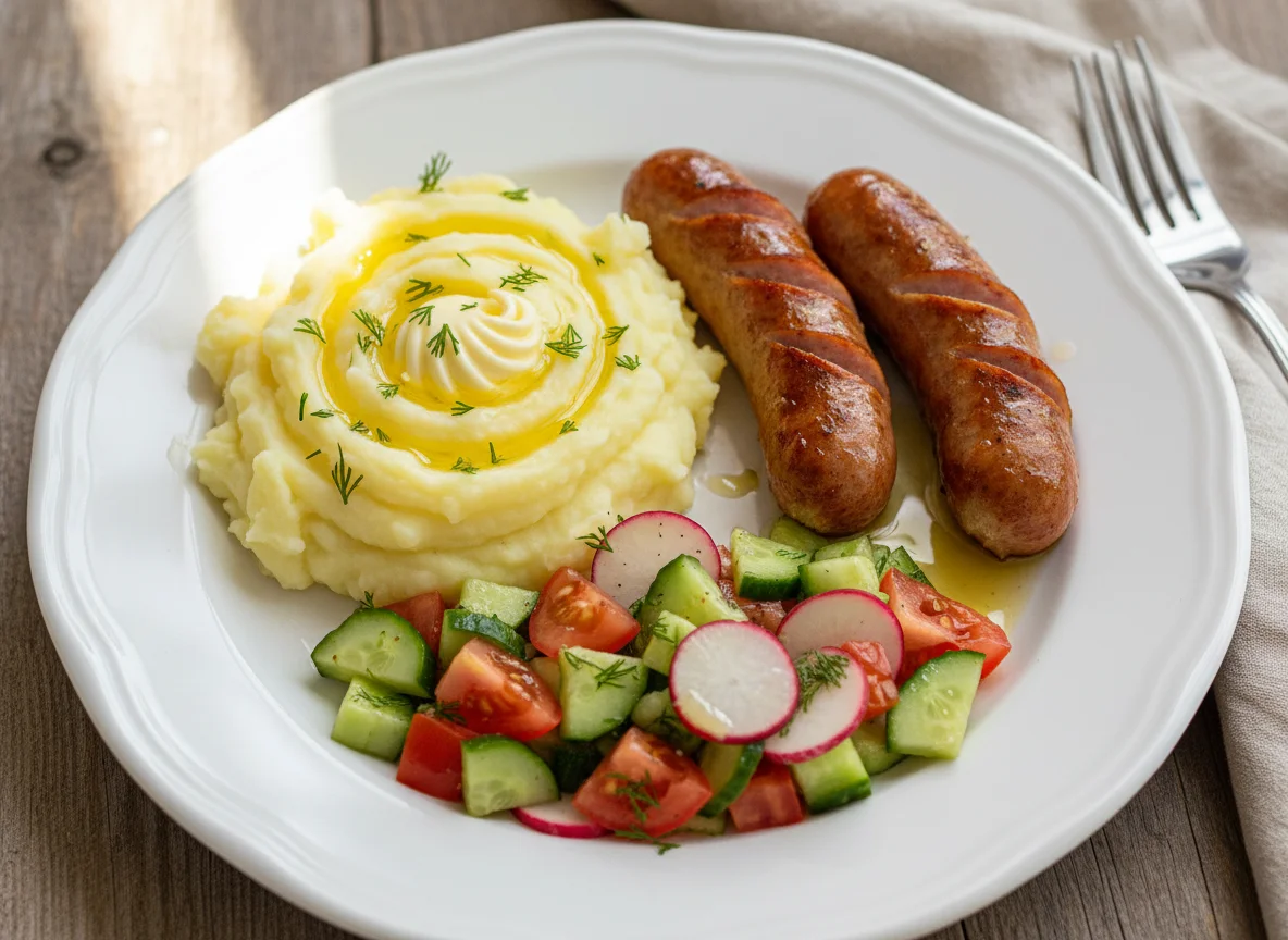 Картофельное пюре с сосисками и овощным салатом photo
