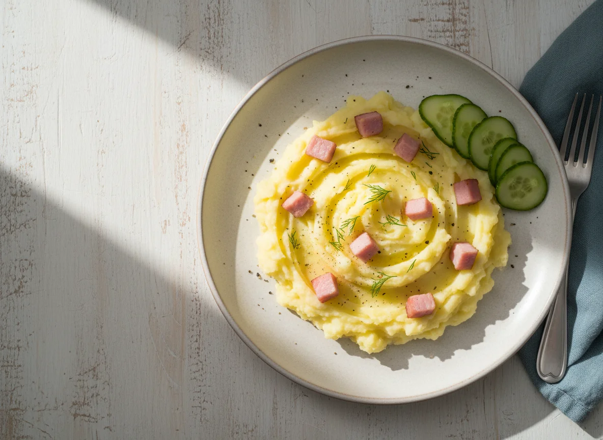 Картофельное пюре с ветчиной и огурцом photo