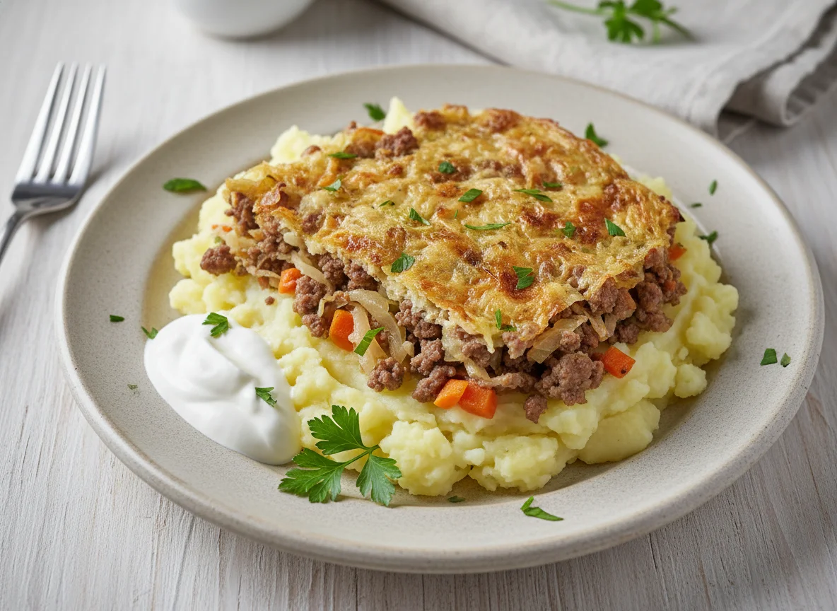 Картофельное пюре с запеканкой из мяса и овощей photo