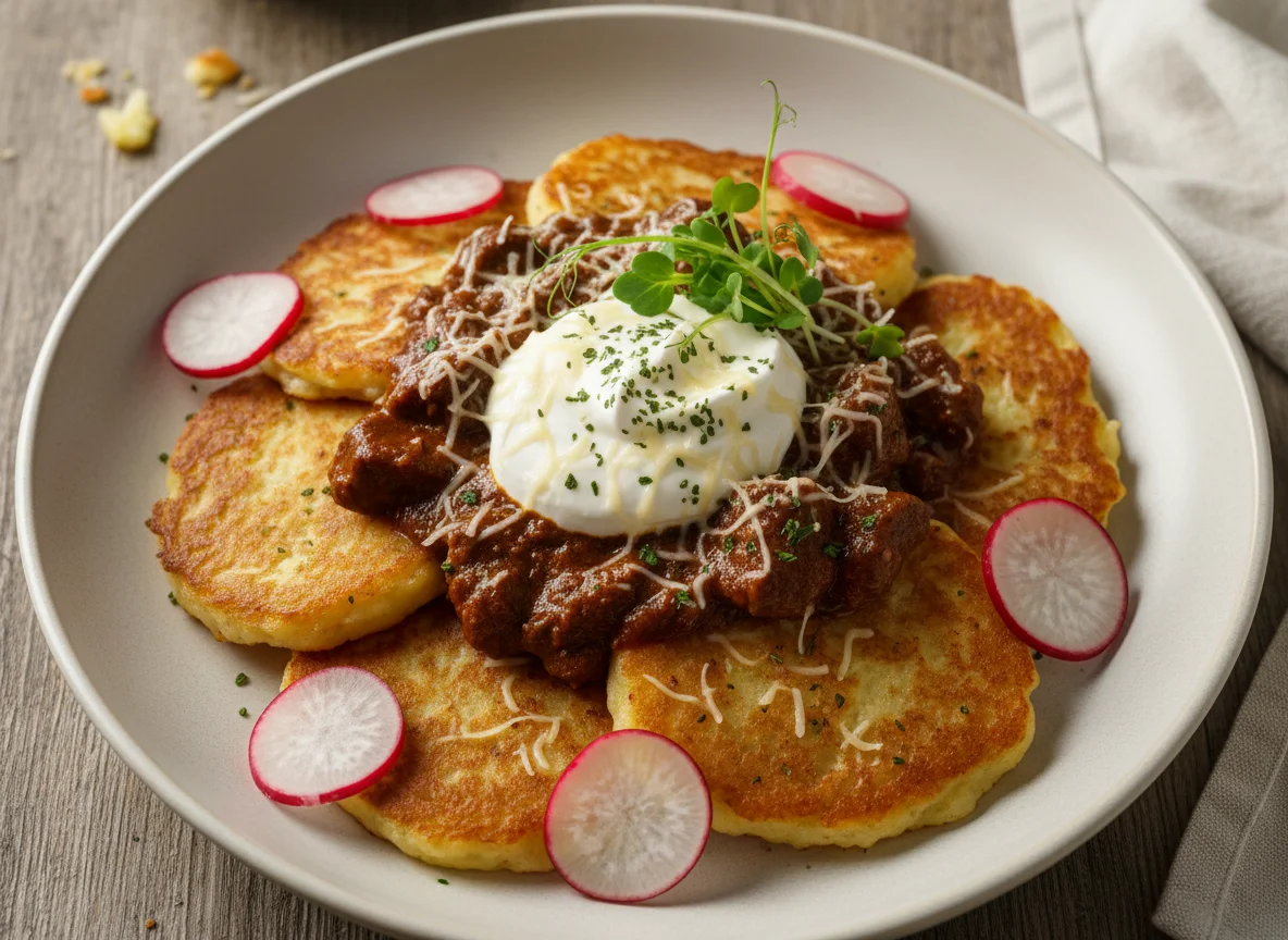 Картофельные оладьи с гуляшом и сметаной photo