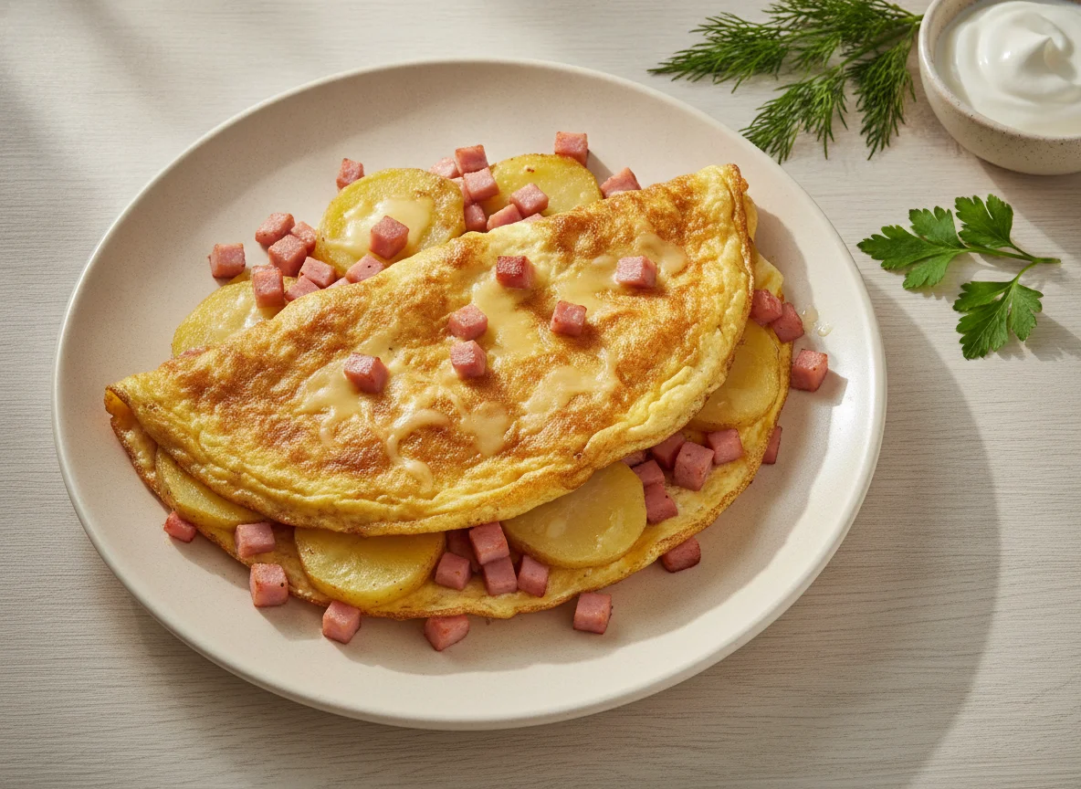 Картофельный омлет с сыром и ветчиной photo