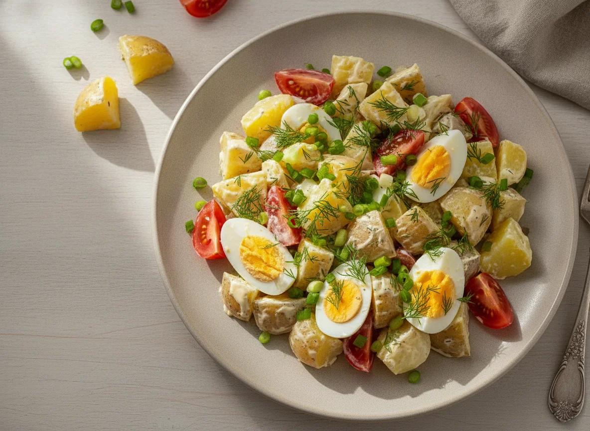 Картофельный салат с яйцом и помидорами photo