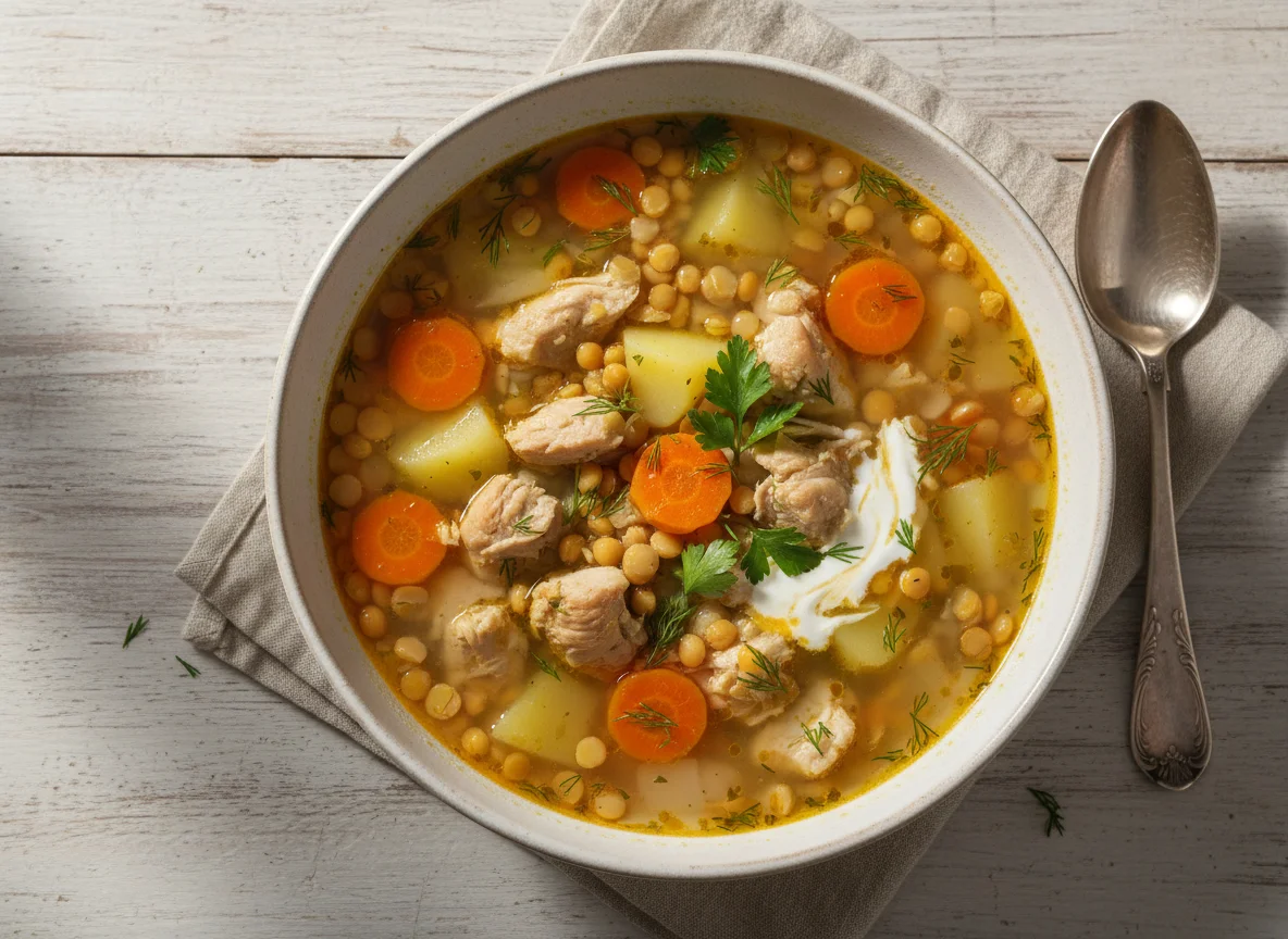 Картофельный суп с горохом и курицей photo