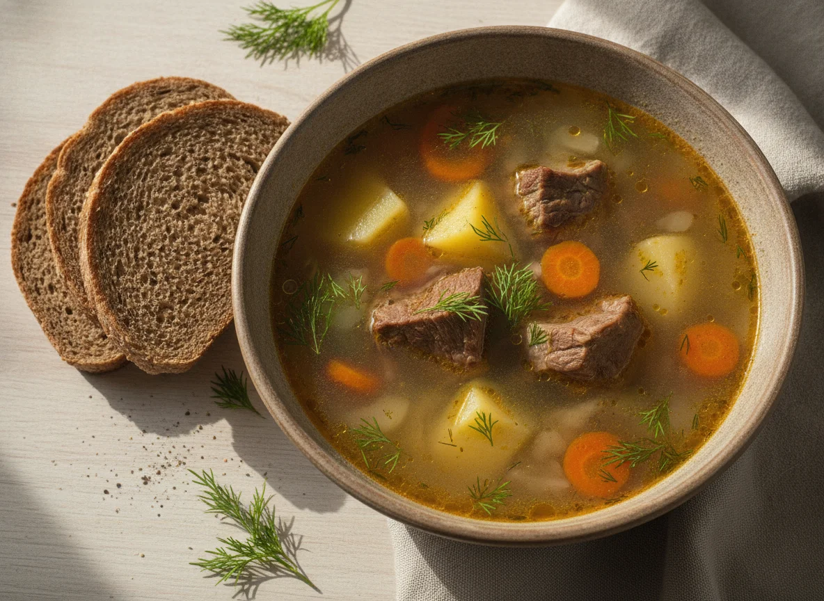 Картофельный суп с мясом и хлебом photo