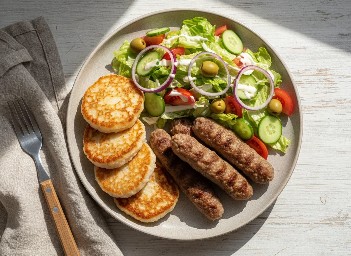 Кебаб с салатом и рисовыми лепешками photo