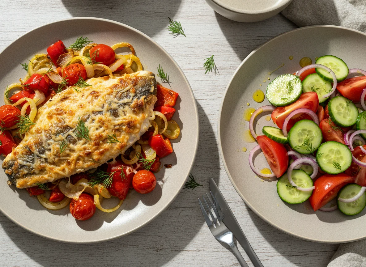 Кета запеченная с овощами и салат из свежих овощей photo