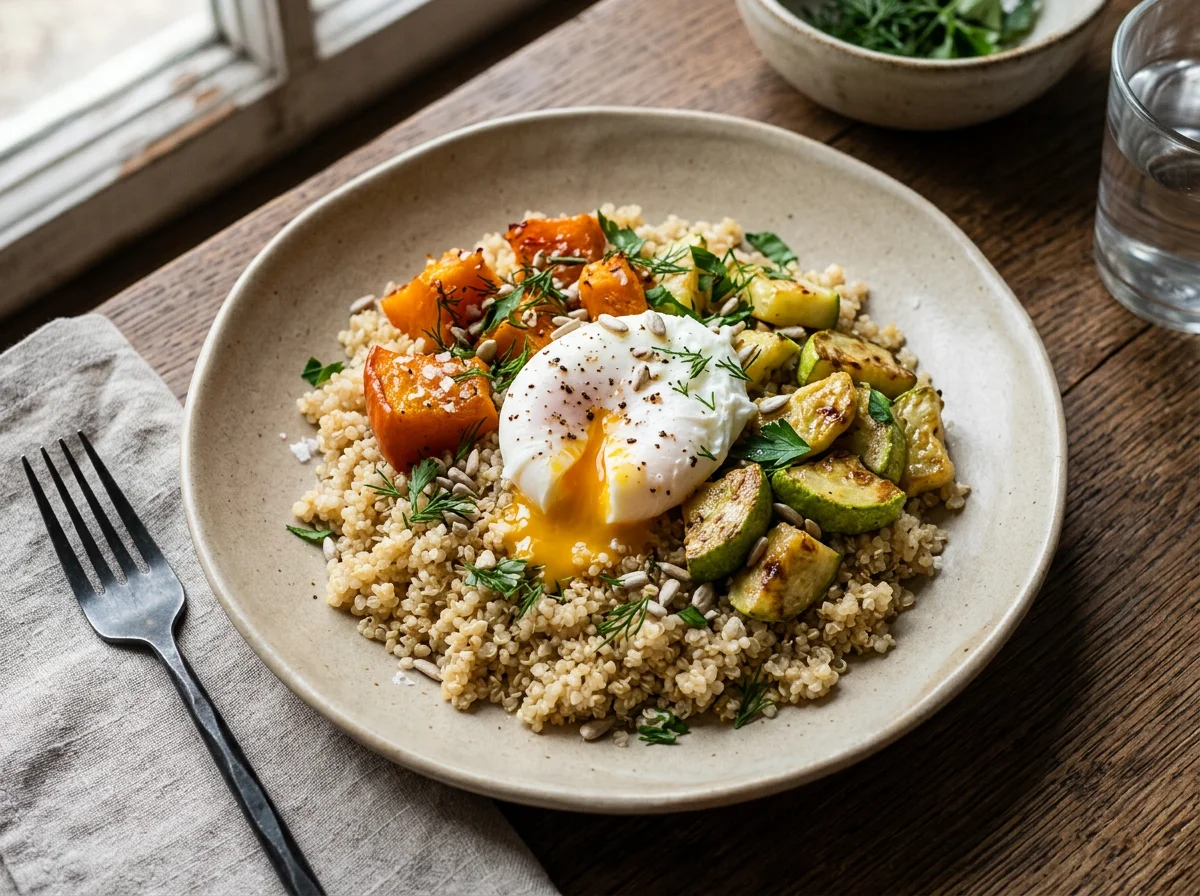 Киноа с яйцом пашот, тыквой и кабачками photo