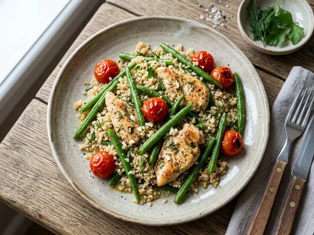 Киноа с курицей, стручковой фасолью и томатами photo