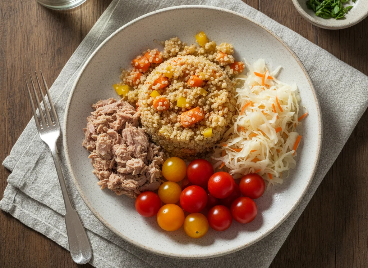 Киноа с овощами, тунец, квашеная капуста и помидоры photo