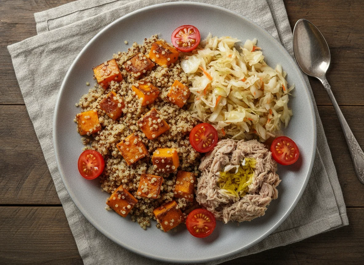 Киноа с овощами, тунец, квашеная капуста и томаты photo