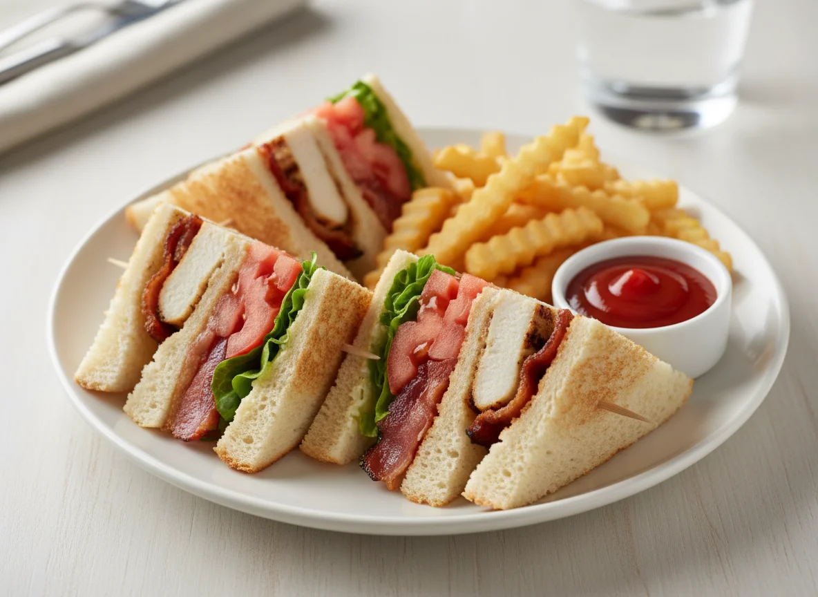 Клаб-сэндвич с картофелем фри и кетчупом photo