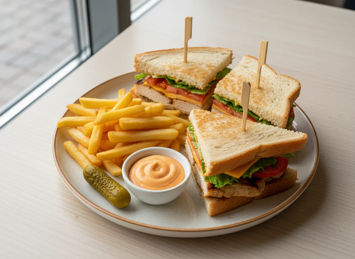 Клаб-сэндвич с картофелем фри, соусом и маринованным огурцом photo