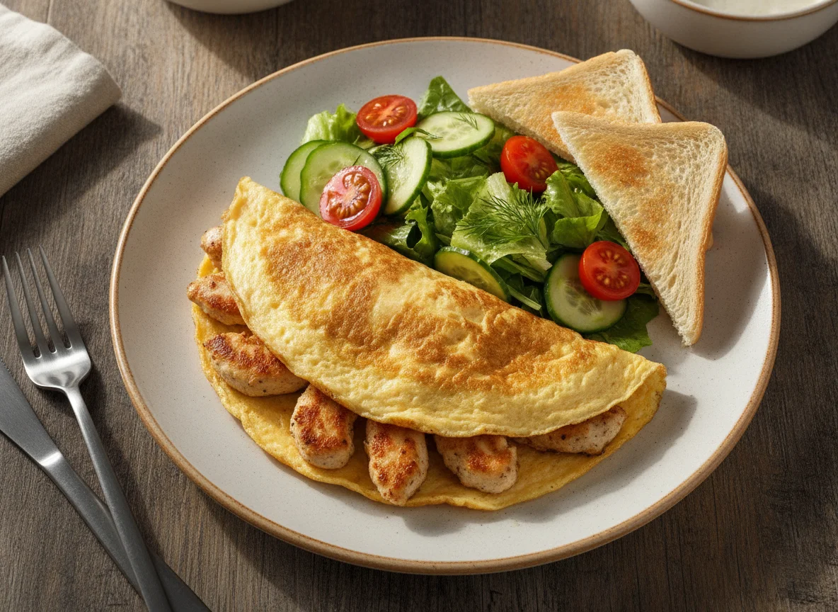 Классический омлет с куриными стрипсами и салатом photo