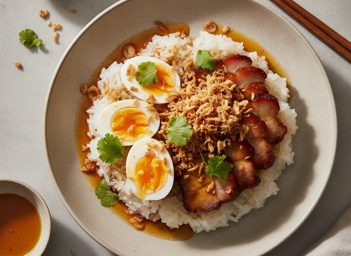Клейкий рис с мясом и яйцами photo