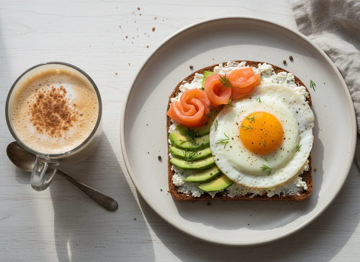 Кофе с миндальным молоком и тост с семгой, авокадо, творожным сыром и яйцом photo