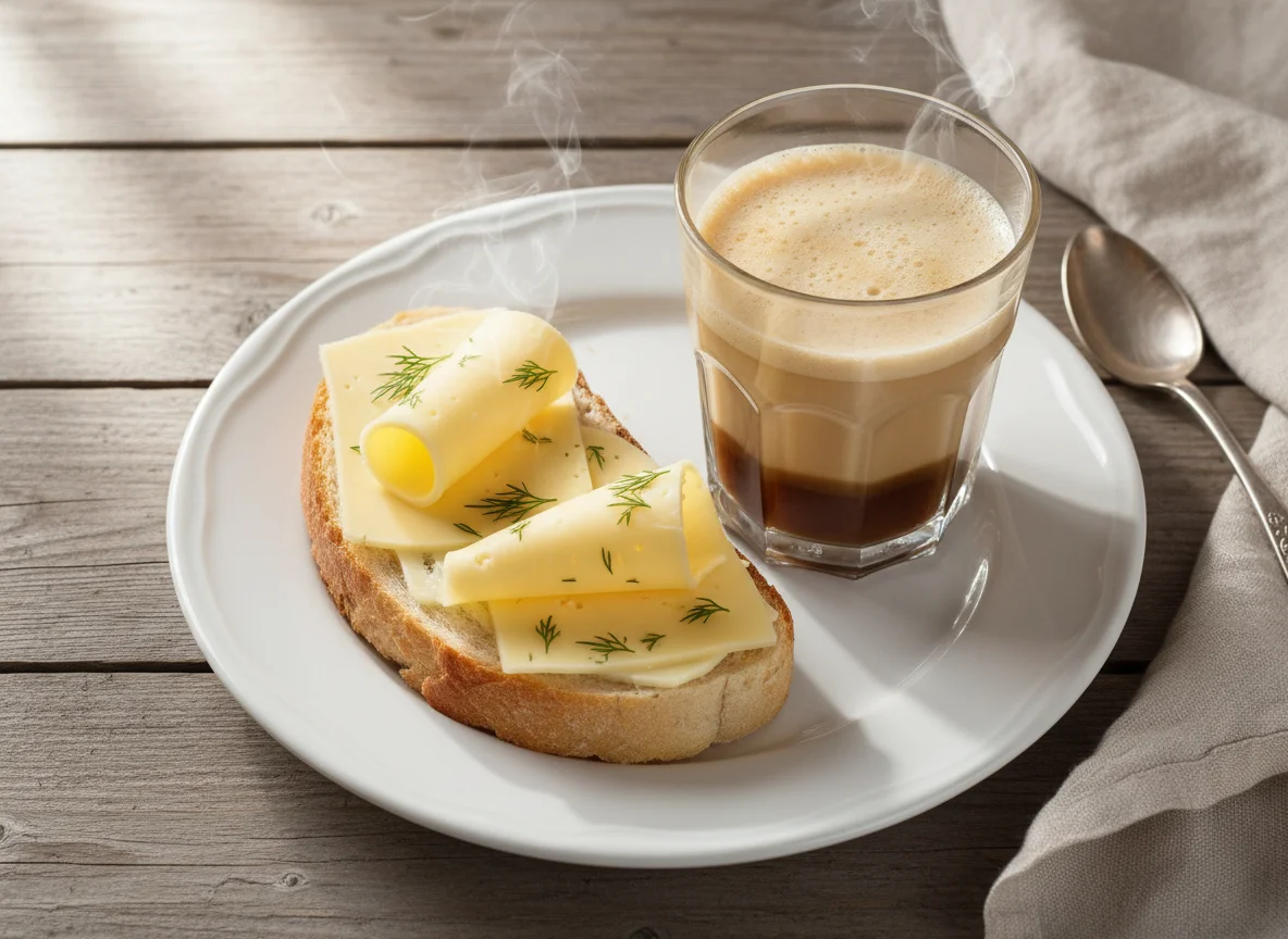 Кофе с молоком и бутерброд с сыром photo