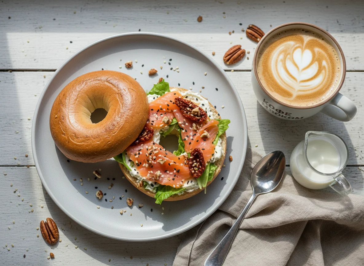 Кофе с молоком и сэндвич с лососем photo