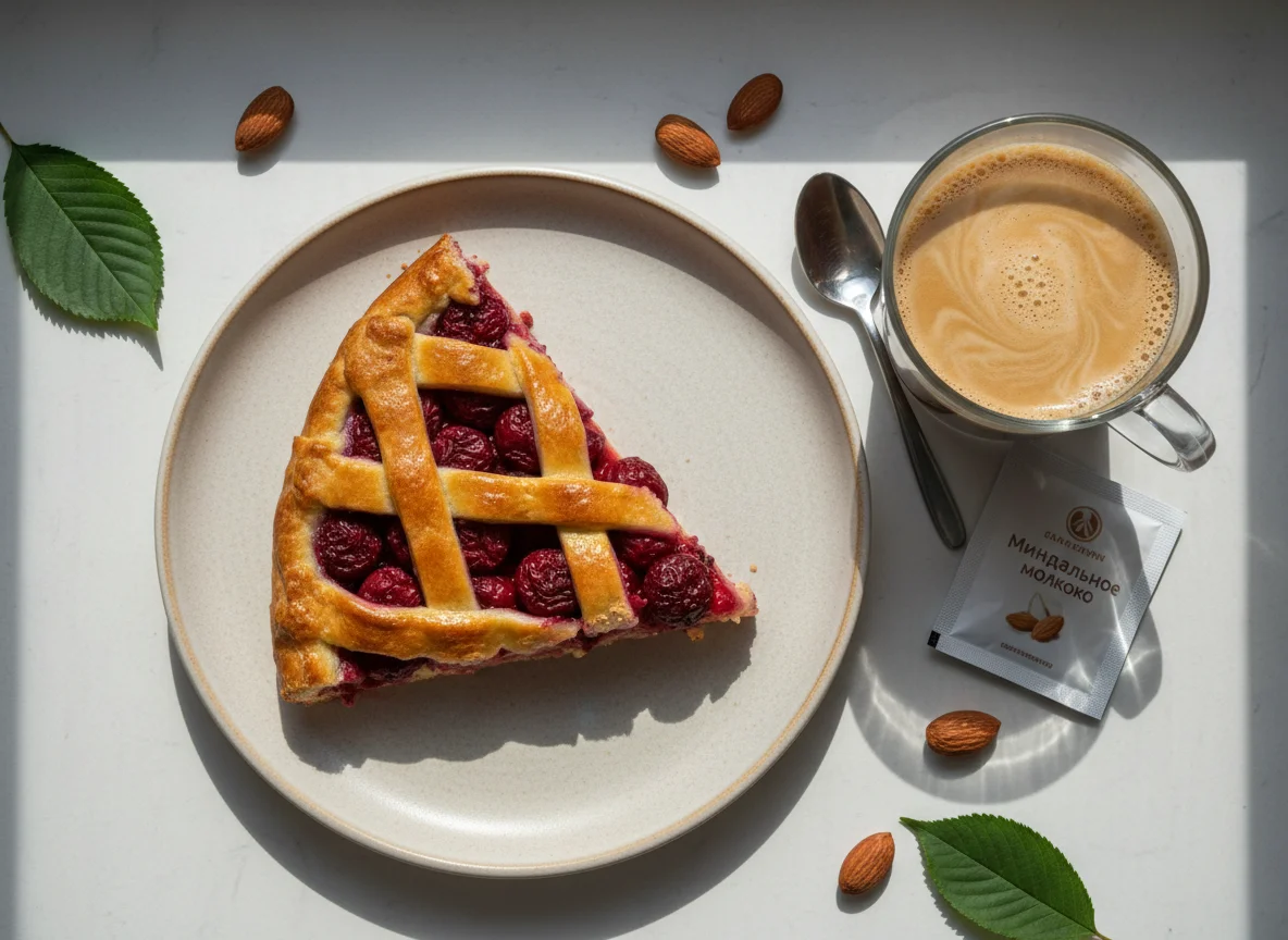 Кофе с сахарозаменителем и миндальным молоком, пирог с вишней photo
