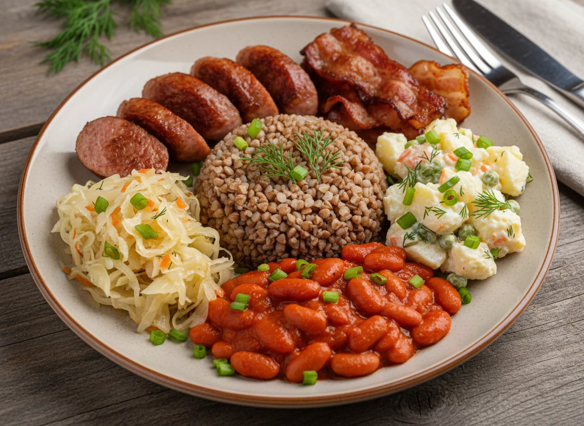Колбаса с гарниром и салатами photo