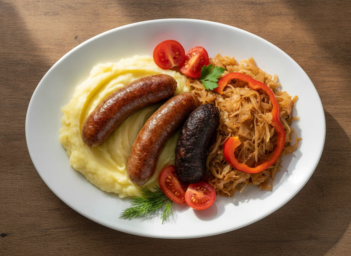 Колбаски с тушеной капустой и картофельным пюре photo