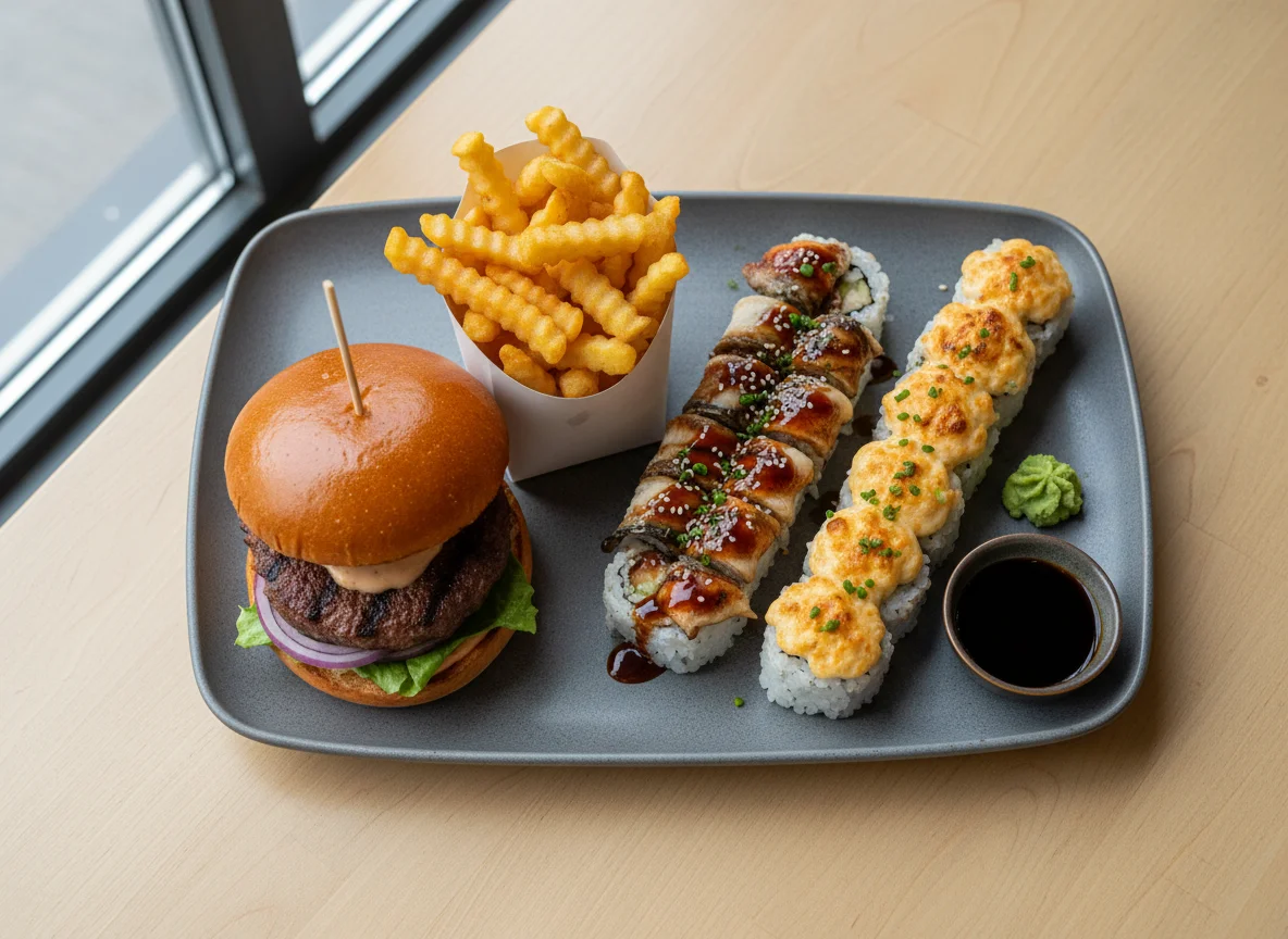 Комбинированный обед: бургер, картофель фри и суши photo