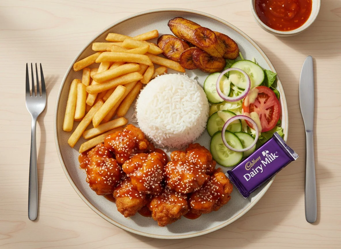 Комбинированный обед с курицей, рисом и картофелем фри photo