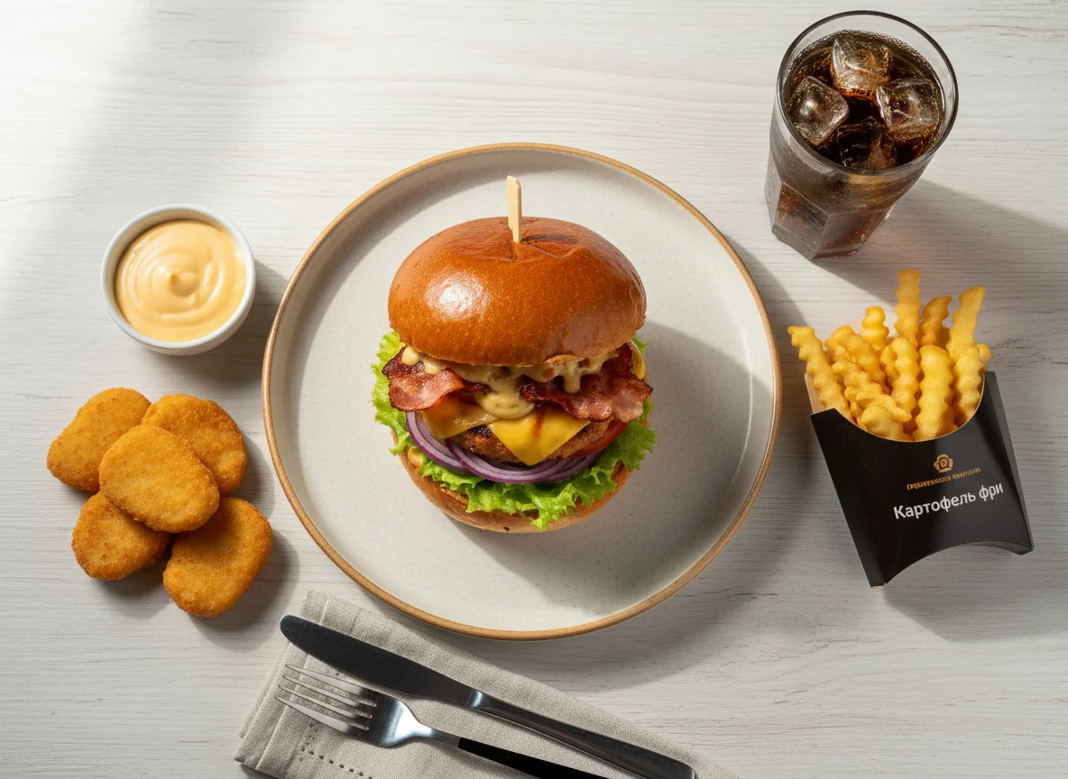 Комбо Бургер Хани, Наггетсы и Сырный Соус photo