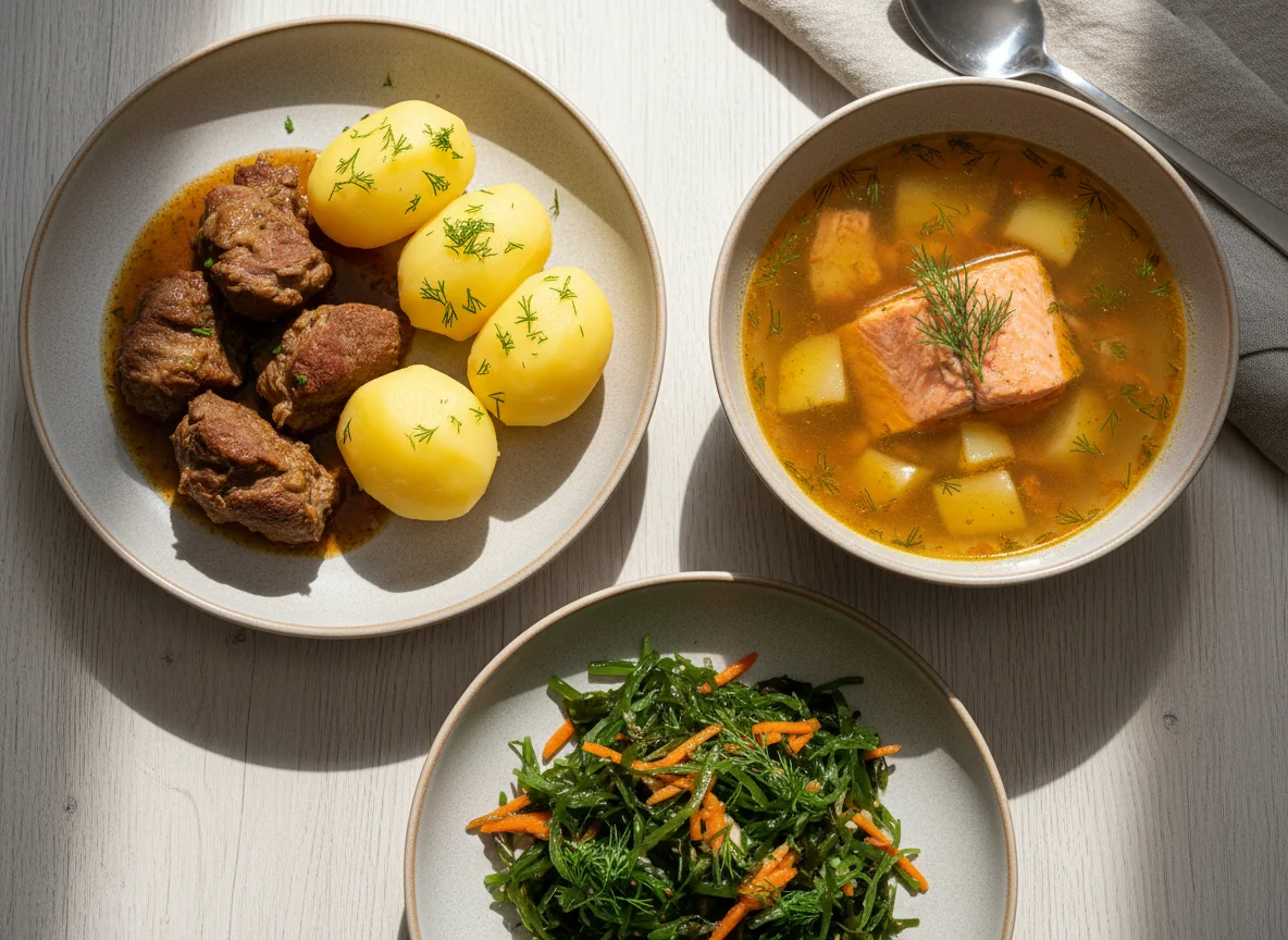 Комплексный обед: баранина с картофелем, уха и салат из морской капусты photo