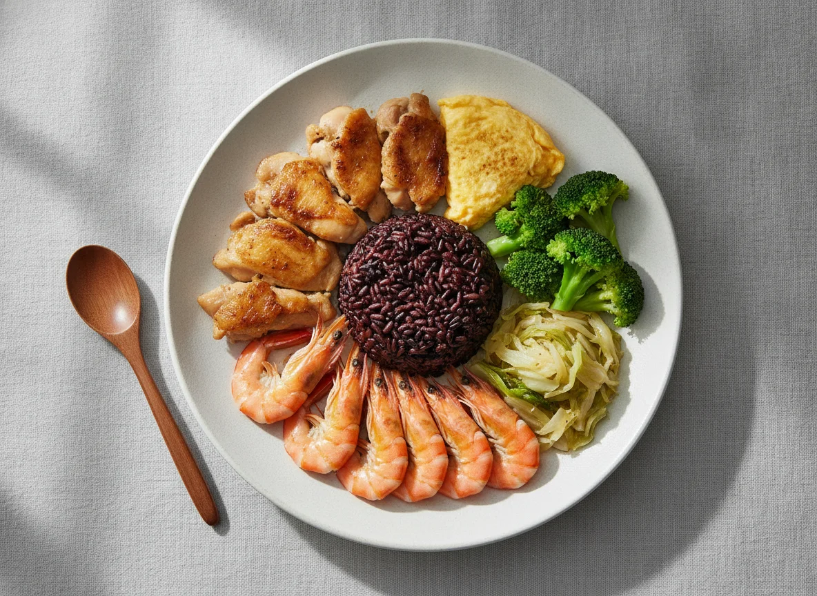 Комплексный обед с черным рисом, курицей и креветками photo