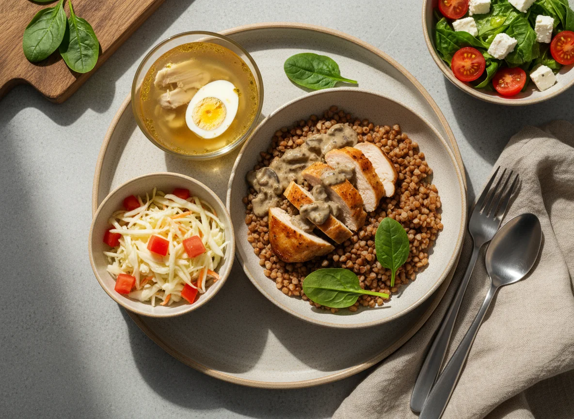 Комплексный обед с гречкой и курицей photo