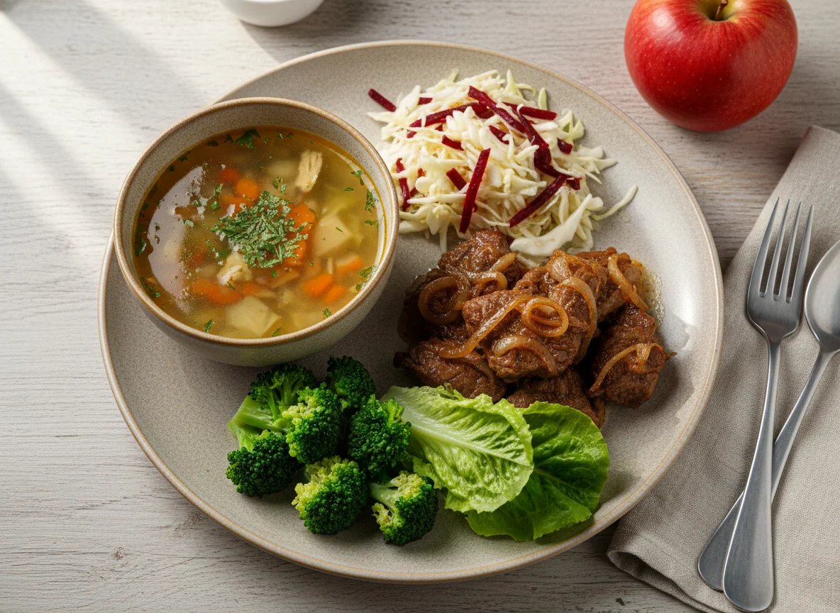 Комплексный обед с мясом и гарнирами photo