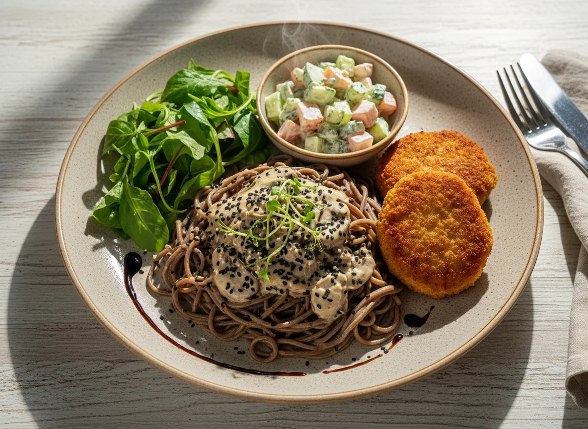 Комплексный обед с пастой, котлетами и салатом photo