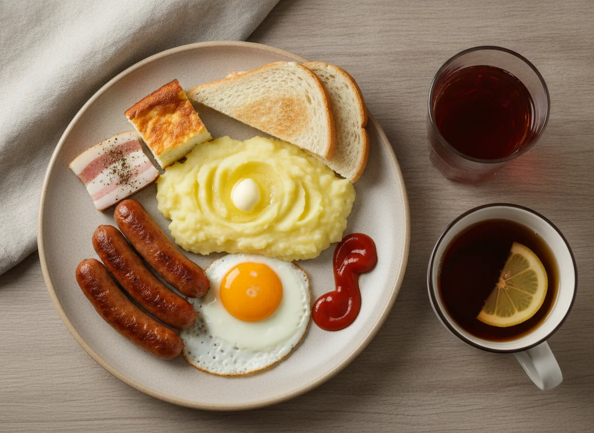 Комплексный завтрак с яичницей, сосисками и картофельным пюре photo