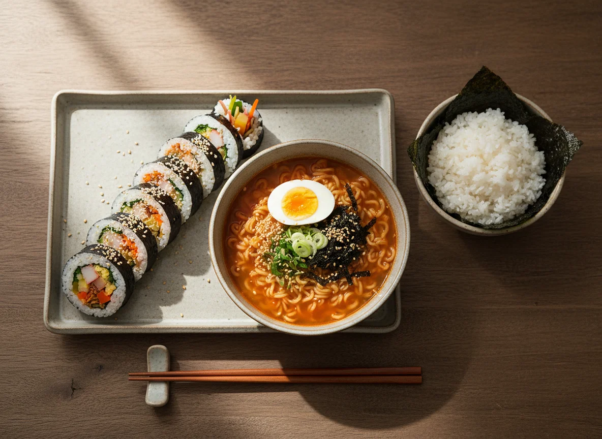 Корейский обед с кимбапом, раменом и рисом photo