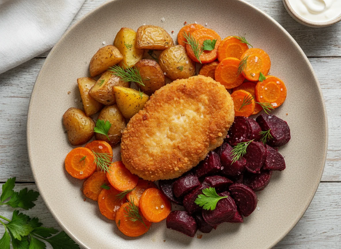 Котлета из цыпленка с запеченными овощами photo