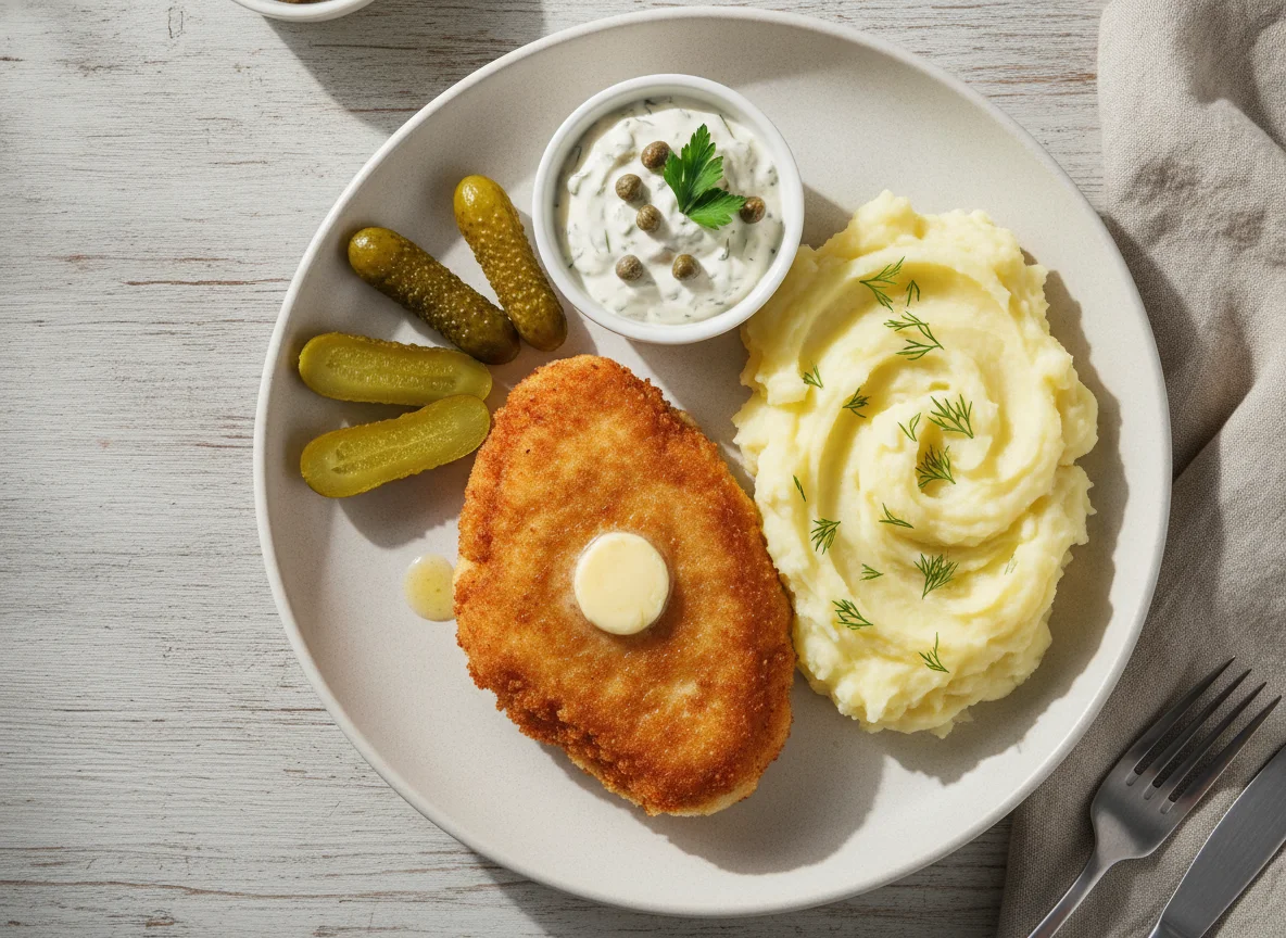 Котлета по-киевски с картофельным пюре и солеными огурцами photo