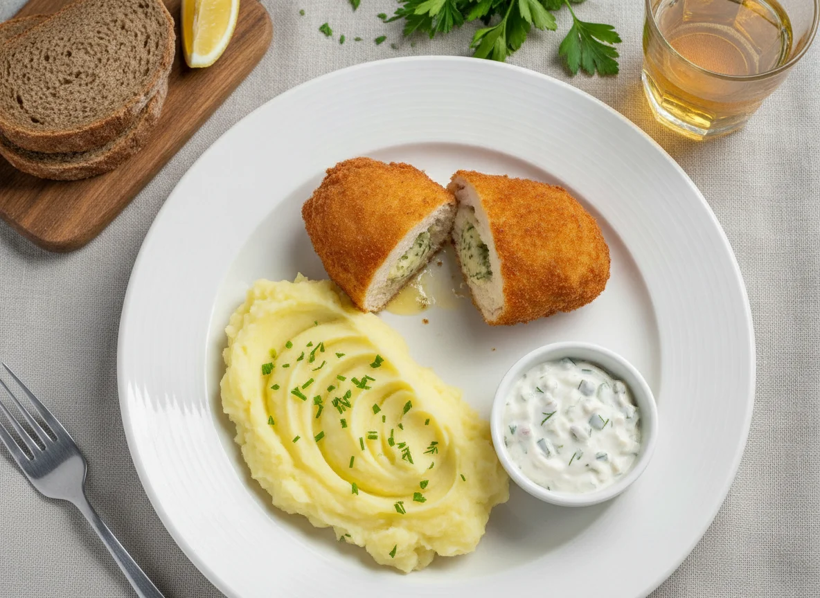 Котлета по-киевски с картофельным пюре и соусом photo