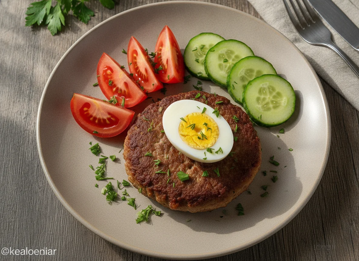 Котлета с яйцом и овощами photo