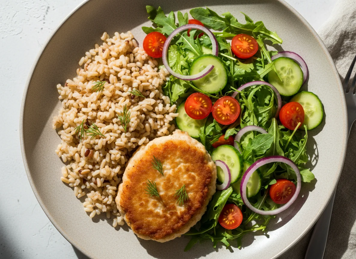 Котлета с бурым рисом и овощным салатом photo