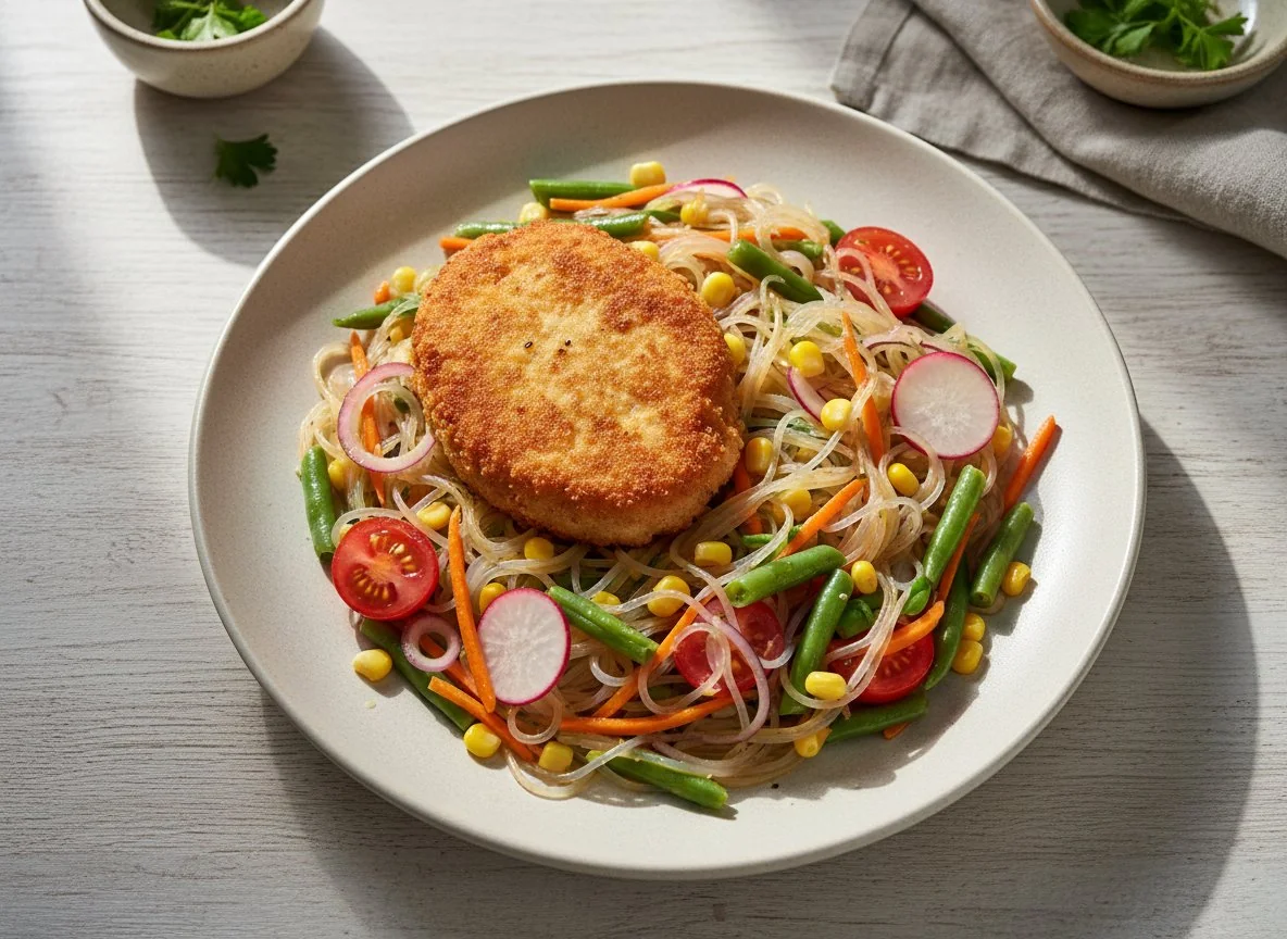 Котлета с фунчозой и овощами photo