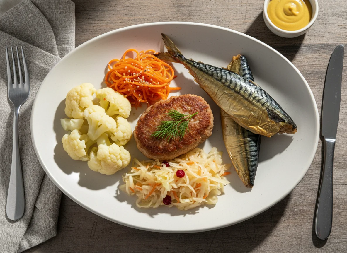 Котлета с гарниром из овощей и скумбрией photo