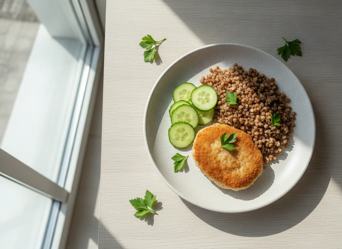 Котлета с гречкой и огурцом photo
