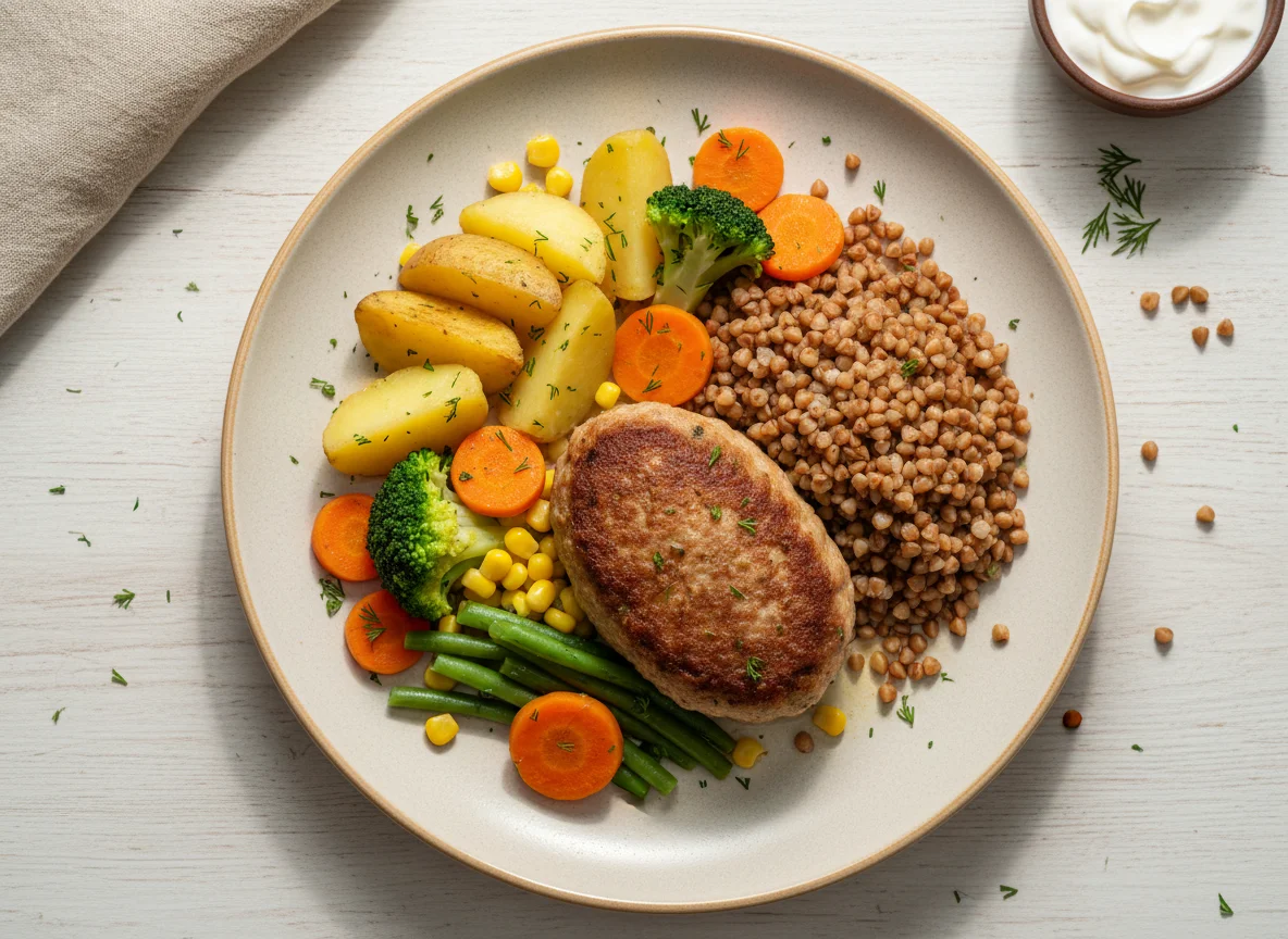 Котлета с гречкой и овощами photo